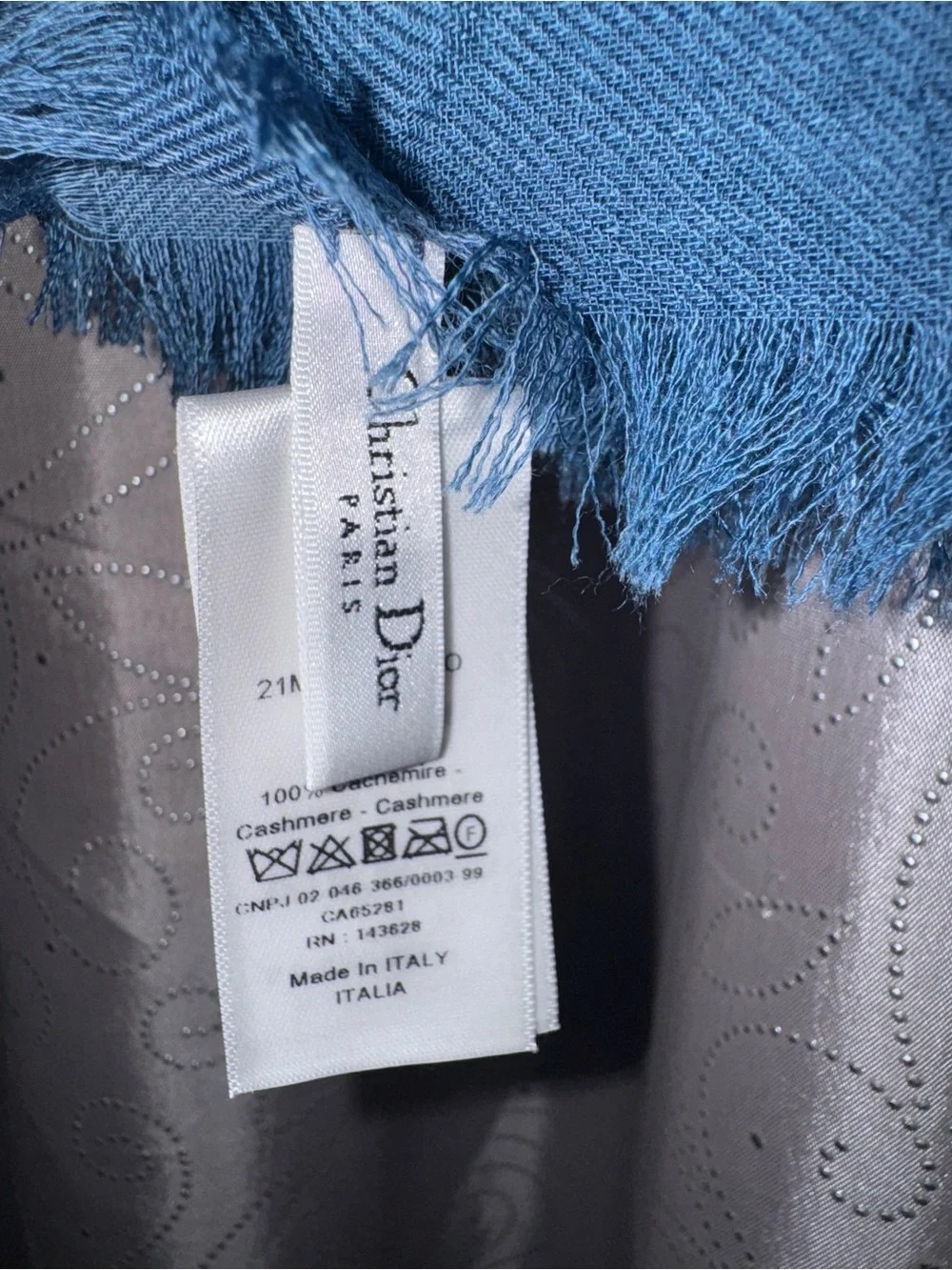 Dior Blue Cashmere Scarf with Fringed Edge